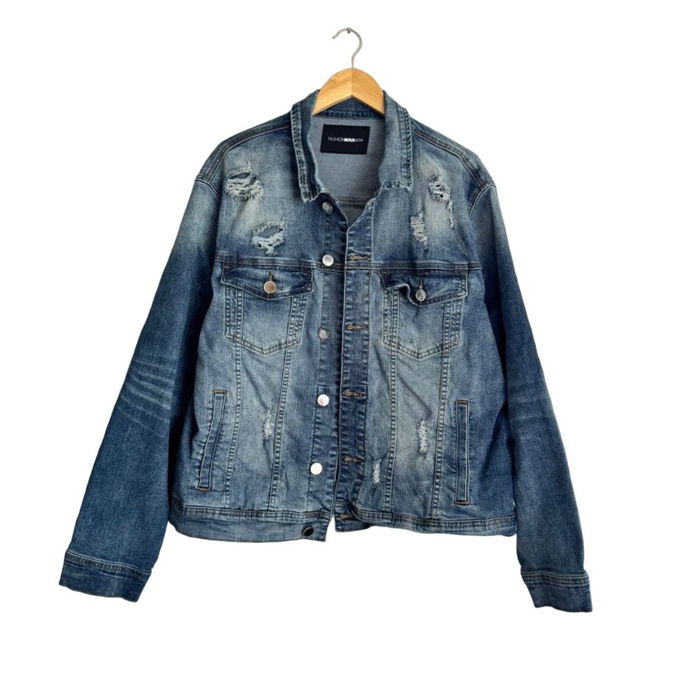 Fashion Nova Men Distressed Jean Jacket Size XL